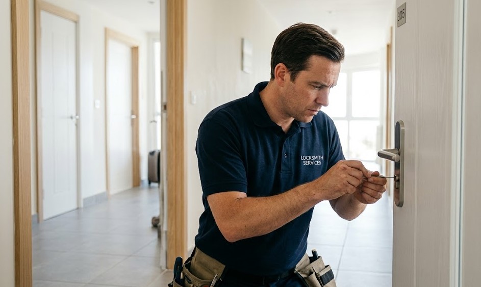 Cerrajero abriendo puerta de apartamento hotelero en Magaluf