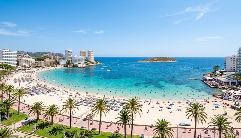 Paisaje de playa y zona turística de Magaluf, Calvià